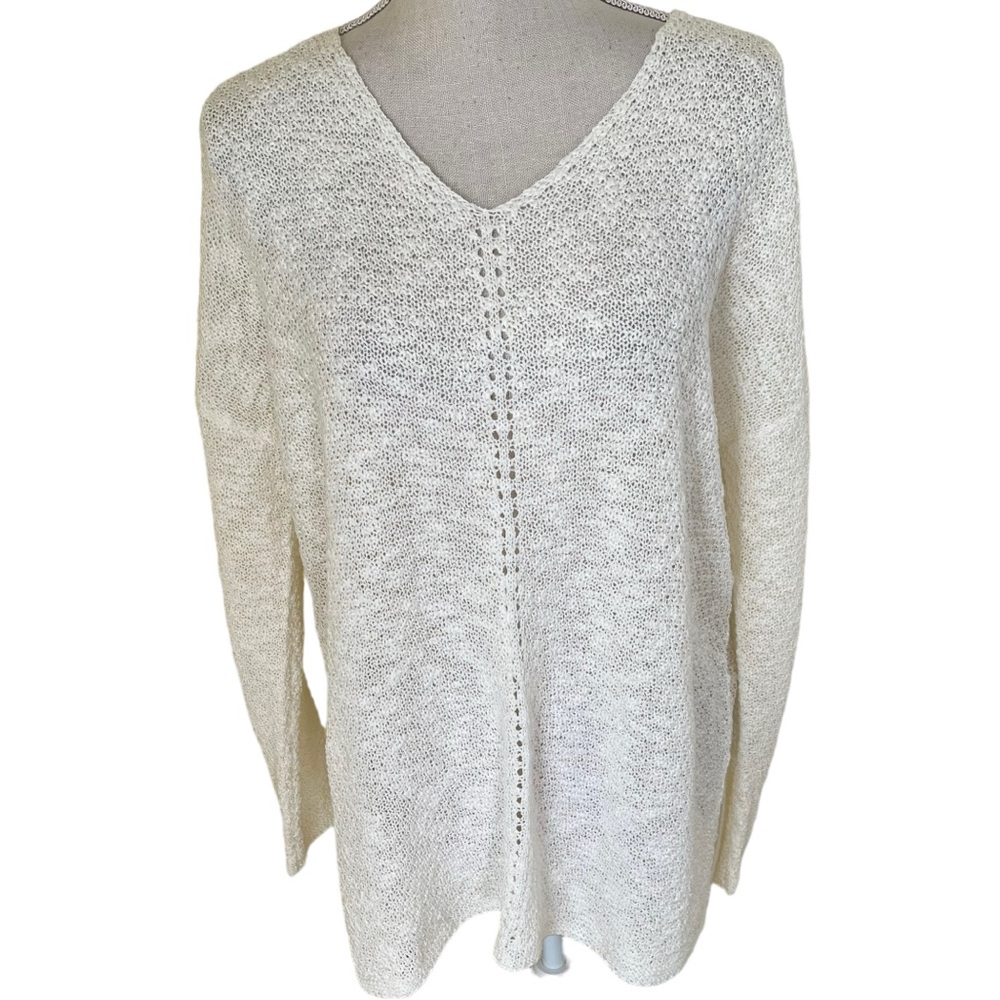 Ces Femme Cream Open Knit V-neck Tunic Length Sweater S